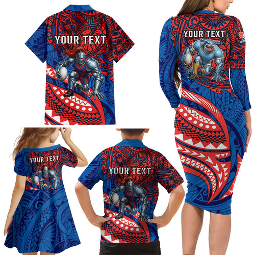 Personalised Newcastle Knights Family Matching Long Sleeve Bodycon Dress and Hawaiian Shirt Polynesian Tribal Art Style With Armored Knight Mascot
