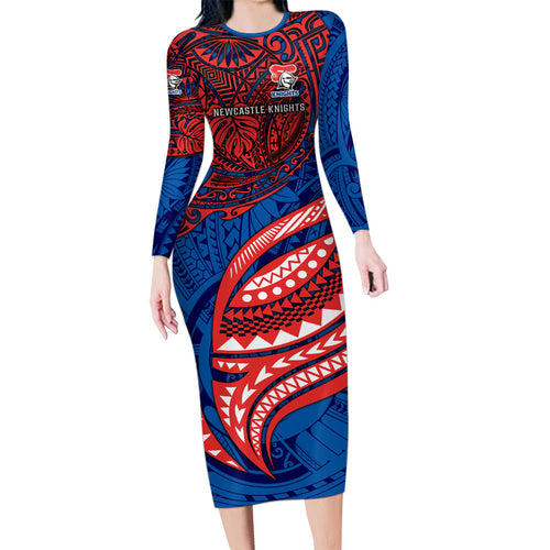 Personalised Newcastle Knights Family Matching Long Sleeve Bodycon Dress and Hawaiian Shirt Polynesian Tribal Art Style With Armored Knight Mascot