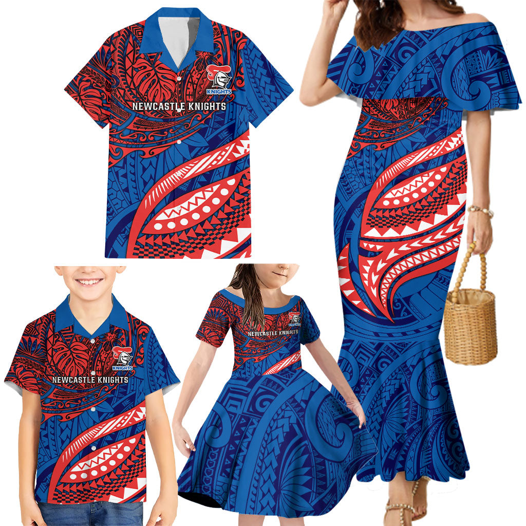 Personalised Newcastle Knights Family Matching Mermaid Dress and Hawaiian Shirt Polynesian Tribal Art Style With Armored Knight Mascot