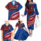 Personalised Newcastle Knights Family Matching Off The Shoulder Long Sleeve Dress and Hawaiian Shirt Polynesian Tribal Art Style With Armored Knight Mascot