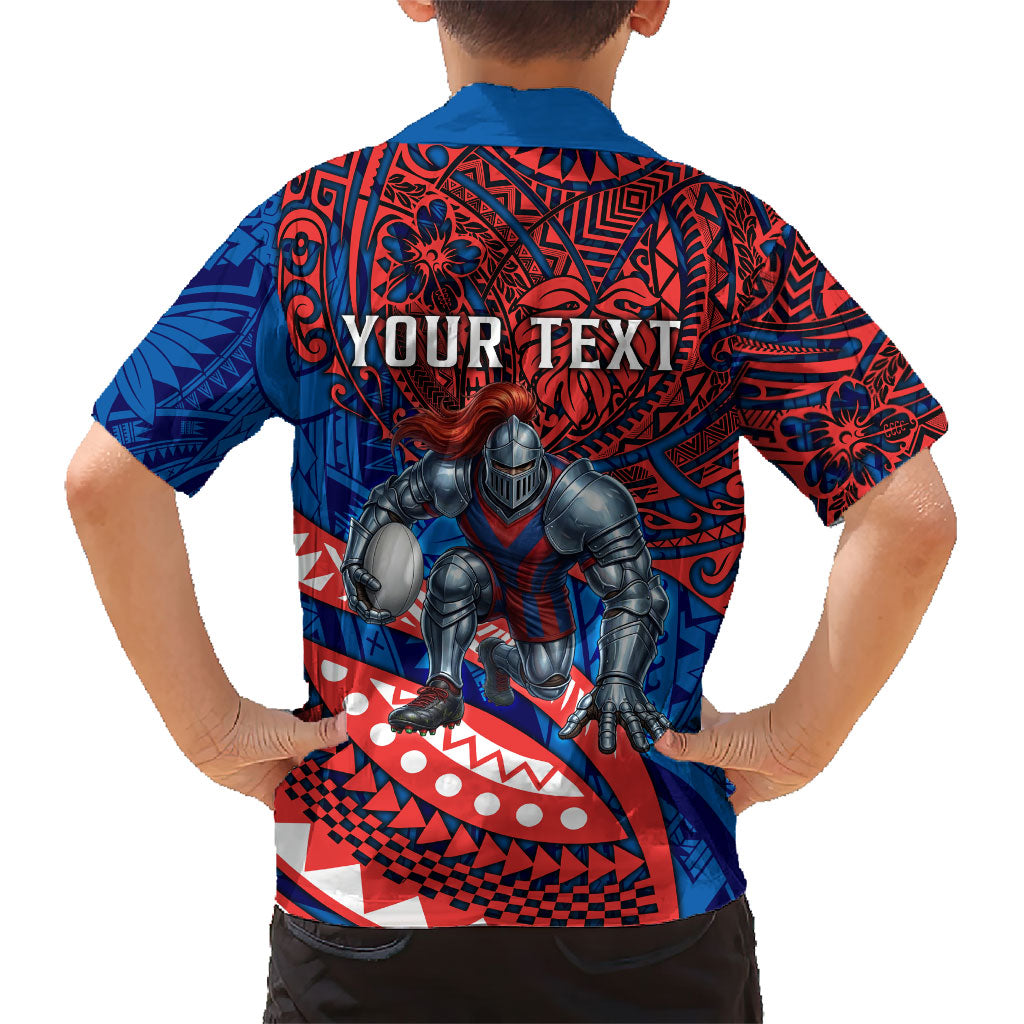 Personalised Newcastle Knights Family Matching Off The Shoulder Long Sleeve Dress and Hawaiian Shirt Polynesian Tribal Art Style With Armored Knight Mascot