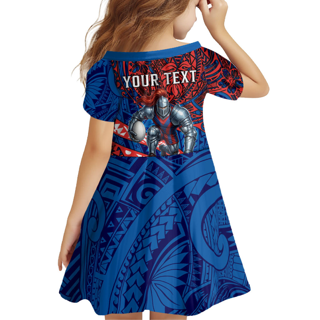 Personalised Newcastle Knights Family Matching Off The Shoulder Long Sleeve Dress and Hawaiian Shirt Polynesian Tribal Art Style With Armored Knight Mascot