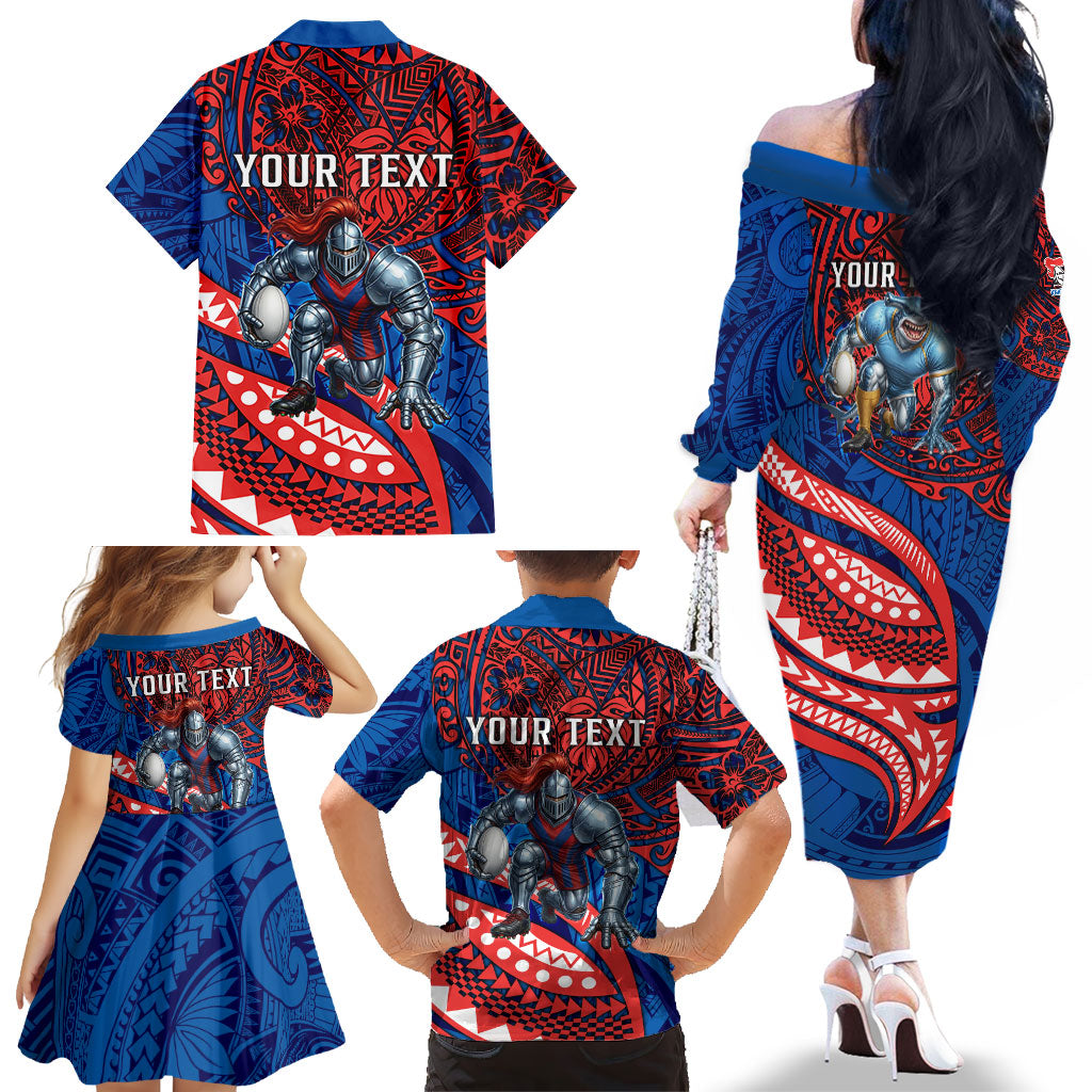 Personalised Newcastle Knights Family Matching Off The Shoulder Long Sleeve Dress and Hawaiian Shirt Polynesian Tribal Art Style With Armored Knight Mascot