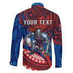 Personalised Newcastle Knights Family Matching Off The Shoulder Long Sleeve Dress and Hawaiian Shirt Polynesian Tribal Art Style With Armored Knight Mascot