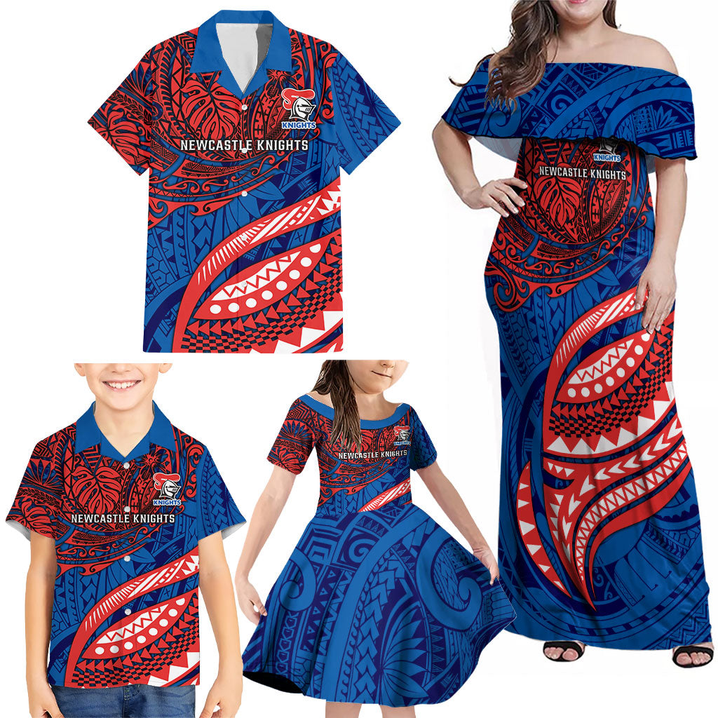 Personalised Newcastle Knights Family Matching Off Shoulder Maxi Dress and Hawaiian Shirt Polynesian Tribal Art Style With Armored Knight Mascot