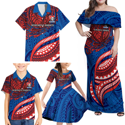 Personalised Newcastle Knights Family Matching Off Shoulder Maxi Dress and Hawaiian Shirt Polynesian Tribal Art Style With Armored Knight Mascot