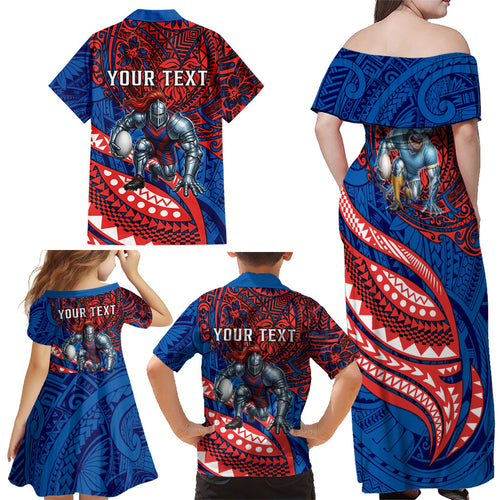 Personalised Newcastle Knights Family Matching Off Shoulder Maxi Dress and Hawaiian Shirt Polynesian Tribal Art Style With Armored Knight Mascot
