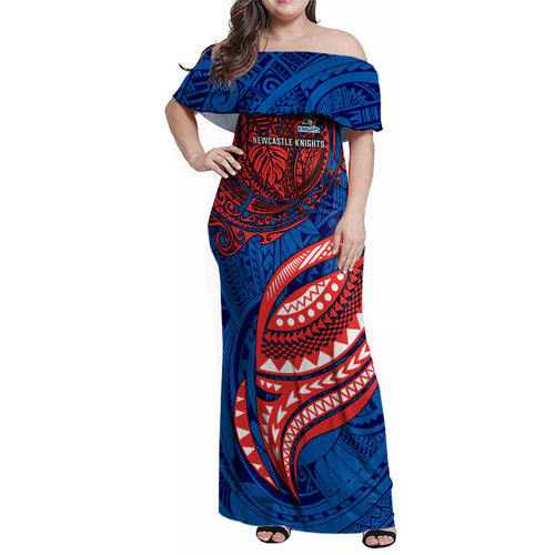 Personalised Newcastle Knights Family Matching Off Shoulder Maxi Dress and Hawaiian Shirt Polynesian Tribal Art Style With Armored Knight Mascot