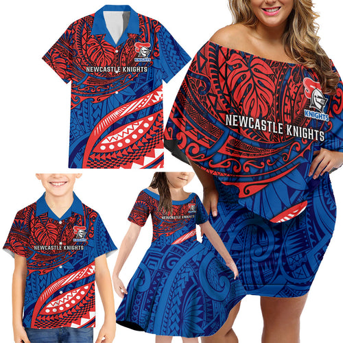 Personalised Newcastle Knights Family Matching Off Shoulder Short Dress and Hawaiian Shirt Polynesian Tribal Art Style With Armored Knight Mascot