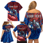 Personalised Newcastle Knights Family Matching Off Shoulder Short Dress and Hawaiian Shirt Polynesian Tribal Art Style With Armored Knight Mascot