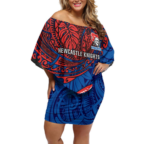 Personalised Newcastle Knights Family Matching Off Shoulder Short Dress and Hawaiian Shirt Polynesian Tribal Art Style With Armored Knight Mascot