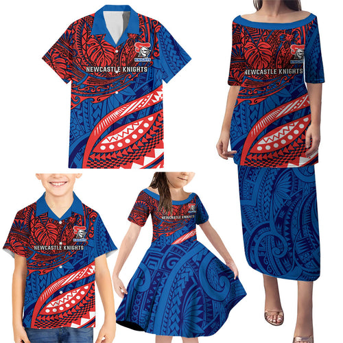 Personalised Newcastle Knights Family Matching Puletasi and Hawaiian Shirt Polynesian Tribal Art Style With Armored Knight Mascot