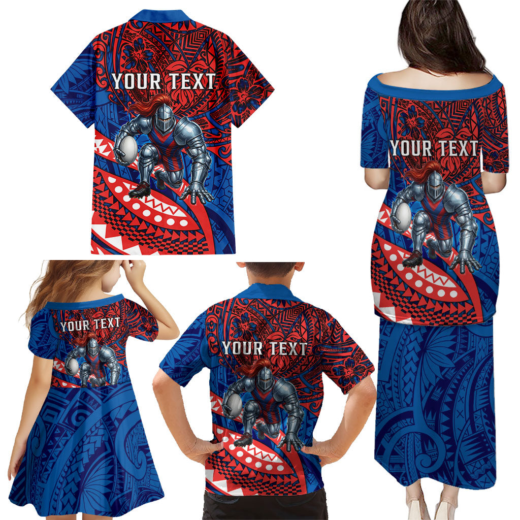 Personalised Newcastle Knights Family Matching Puletasi and Hawaiian Shirt Polynesian Tribal Art Style With Armored Knight Mascot