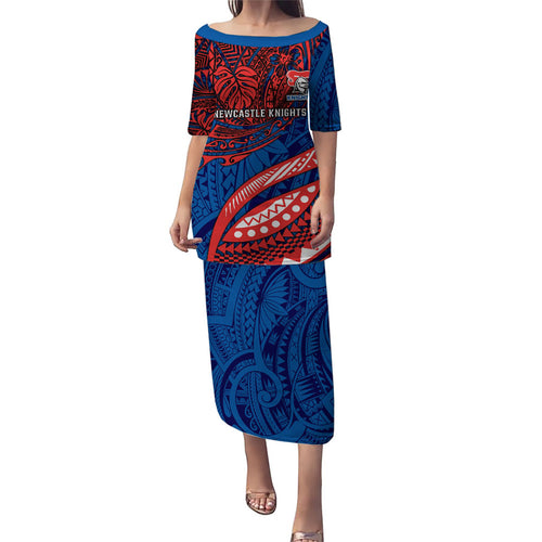 Personalised Newcastle Knights Family Matching Puletasi and Hawaiian Shirt Polynesian Tribal Art Style With Armored Knight Mascot