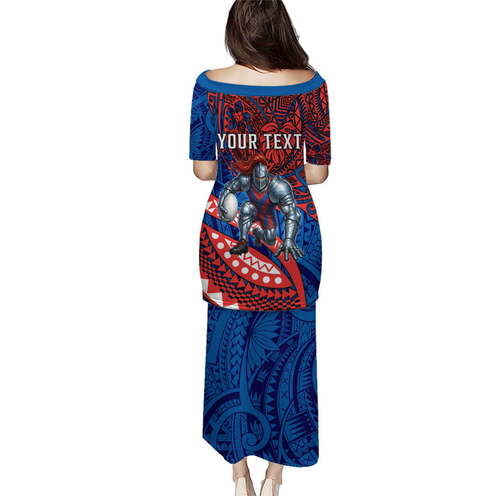 Personalised Newcastle Knights Family Matching Puletasi and Hawaiian Shirt Polynesian Tribal Art Style With Armored Knight Mascot