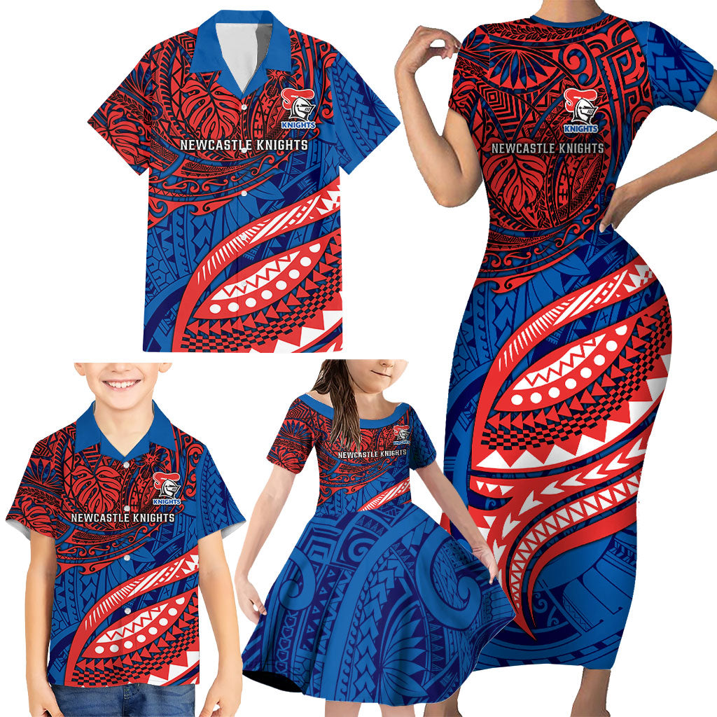 Personalised Newcastle Knights Family Matching Short Sleeve Bodycon Dress and Hawaiian Shirt Polynesian Tribal Art Style With Armored Knight Mascot