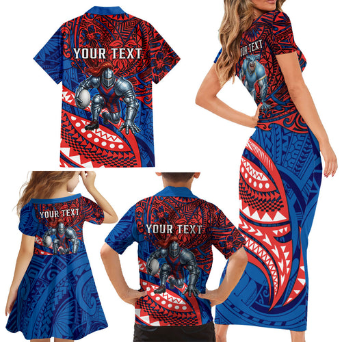 Personalised Newcastle Knights Family Matching Short Sleeve Bodycon Dress and Hawaiian Shirt Polynesian Tribal Art Style With Armored Knight Mascot