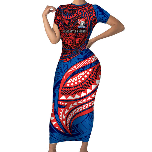 Personalised Newcastle Knights Family Matching Short Sleeve Bodycon Dress and Hawaiian Shirt Polynesian Tribal Art Style With Armored Knight Mascot