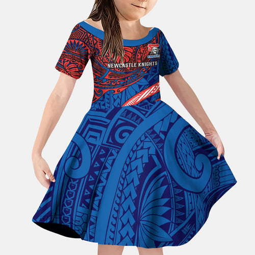 Personalised Newcastle Knights Family Matching Summer Maxi Dress and Hawaiian Shirt Polynesian Tribal Art Style With Armored Knight Mascot