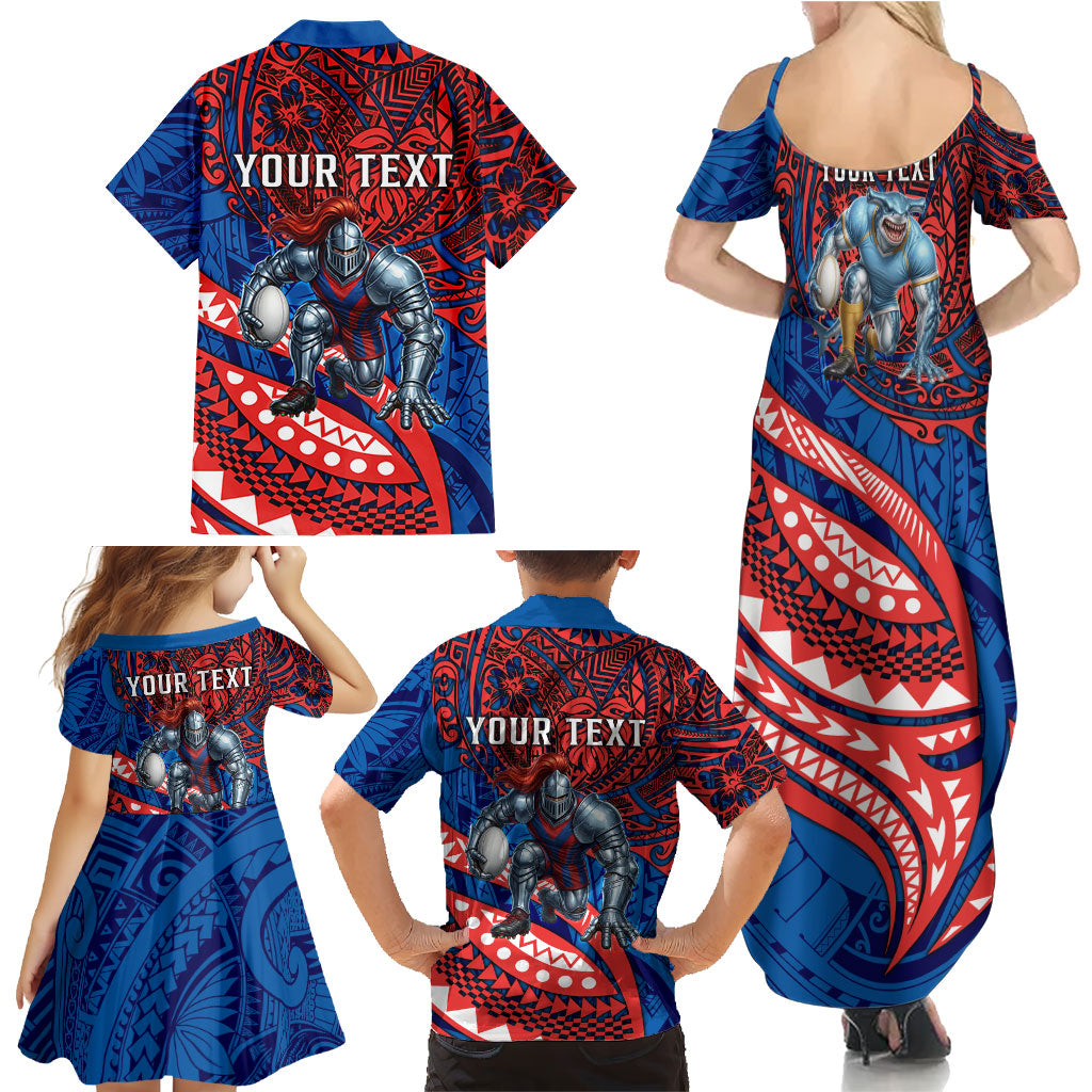Personalised Newcastle Knights Family Matching Summer Maxi Dress and Hawaiian Shirt Polynesian Tribal Art Style With Armored Knight Mascot