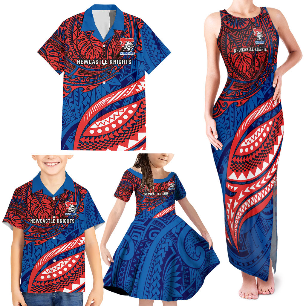 Personalised Newcastle Knights Family Matching Tank Maxi Dress and Hawaiian Shirt Polynesian Tribal Art Style With Armored Knight Mascot