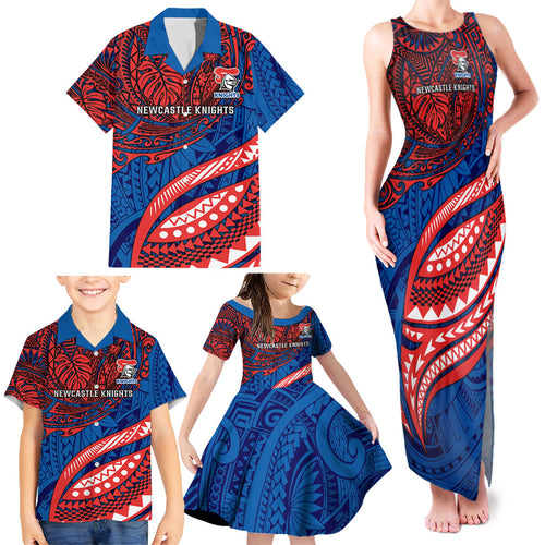 Personalised Newcastle Knights Family Matching Tank Maxi Dress and Hawaiian Shirt Polynesian Tribal Art Style With Armored Knight Mascot