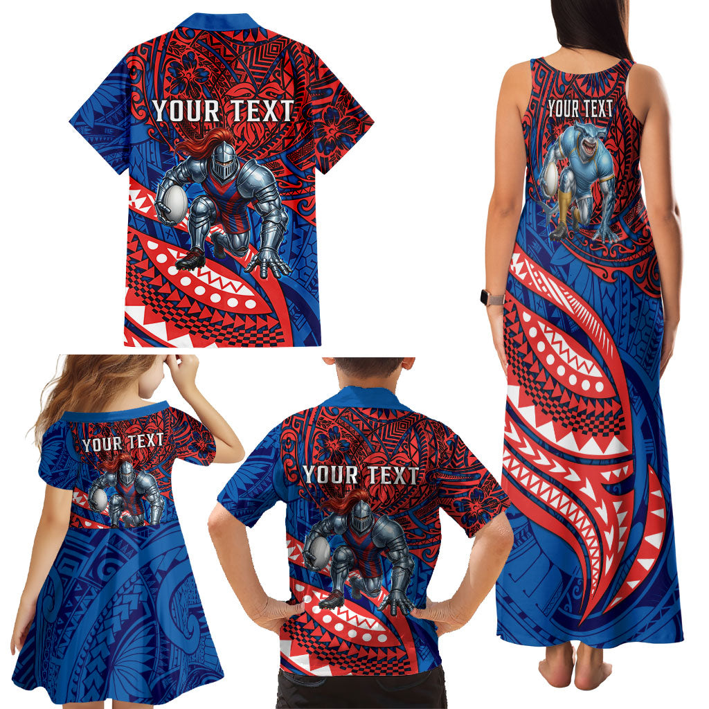 Personalised Newcastle Knights Family Matching Tank Maxi Dress and Hawaiian Shirt Polynesian Tribal Art Style With Armored Knight Mascot