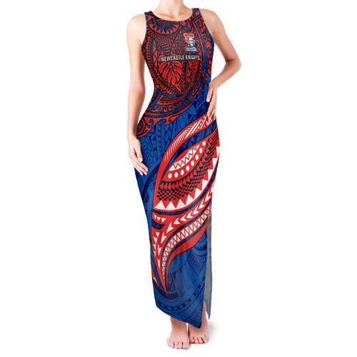Personalised Newcastle Knights Family Matching Tank Maxi Dress and Hawaiian Shirt Polynesian Tribal Art Style With Armored Knight Mascot