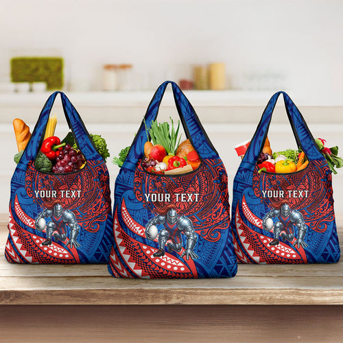 Personalised Newcastle Knights Grocery Bag Polynesian Tribal Art Style With Armored Knight Mascot