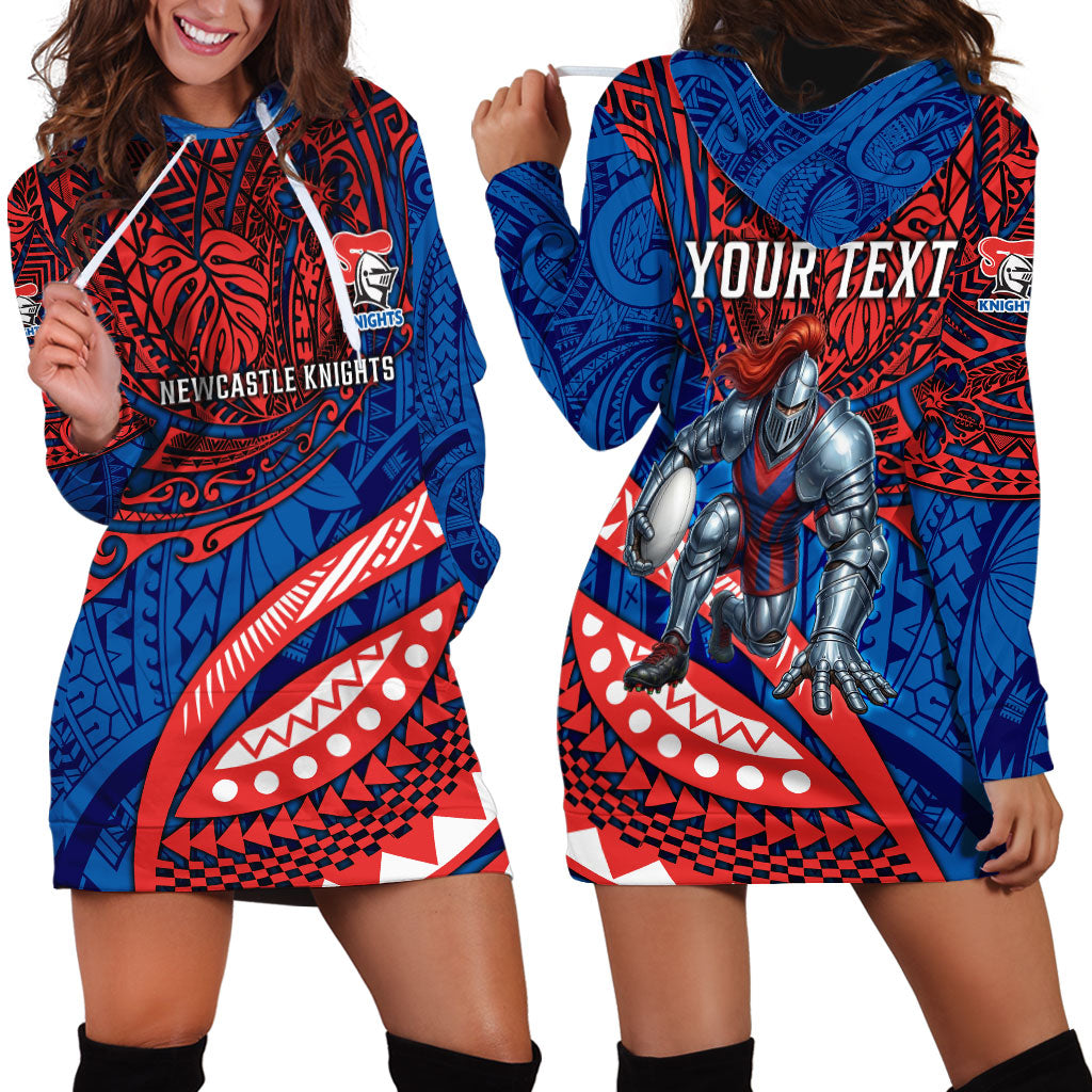 Personalised Newcastle Knights Hoodie Dress Polynesian Tribal Art Style With Armored Knight Mascot