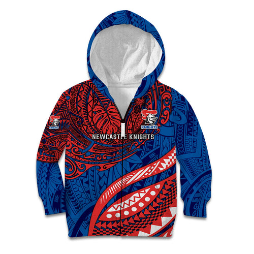 Personalised Newcastle Knights Kid Hoodie Polynesian Tribal Art Style With Armored Knight Mascot