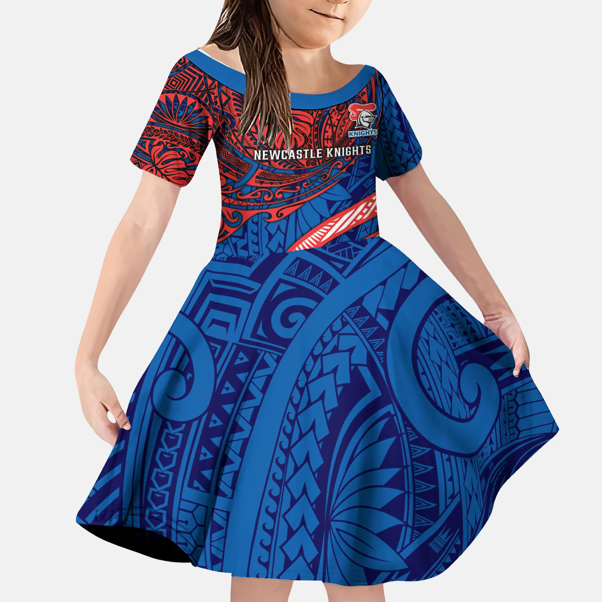 Personalised Newcastle Knights Kid Short Sleeve Dress Polynesian Tribal Art Style With Armored Knight Mascot