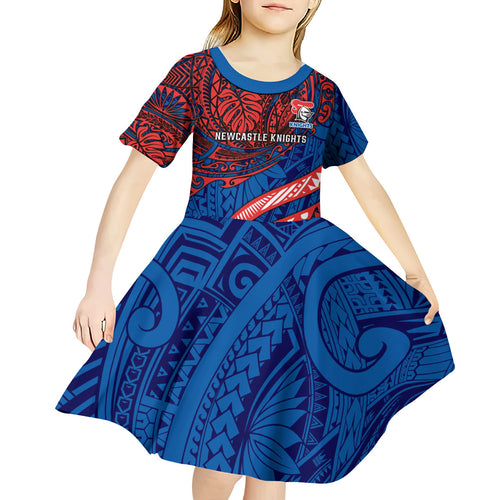 Personalised Newcastle Knights Kid Short Sleeve Dress Polynesian Tribal Art Style With Armored Knight Mascot