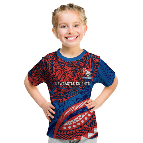 Personalised Newcastle Knights Kid T Shirt Polynesian Tribal Art Style With Armored Knight Mascot