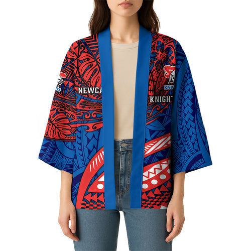 Personalised Newcastle Knights Kimono Polynesian Tribal Art Style With Armored Knight Mascot