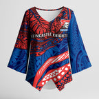 Personalised Newcastle Knights Kimono Sleeve Blouse Polynesian Tribal Art Style With Armored Knight Mascot
