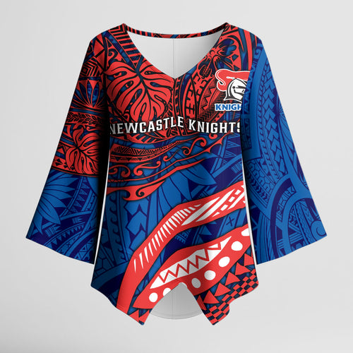 Personalised Newcastle Knights Kimono Sleeve Blouse Polynesian Tribal Art Style With Armored Knight Mascot