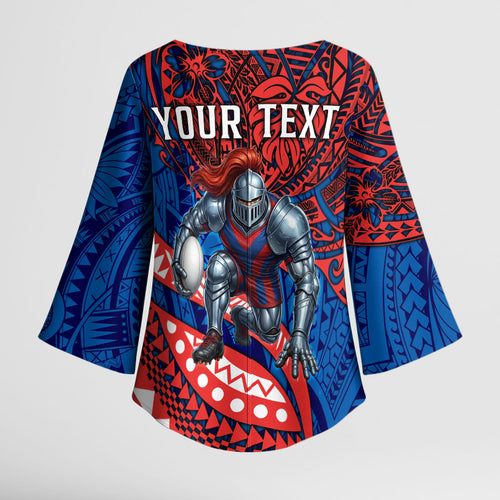Personalised Newcastle Knights Kimono Sleeve Blouse Polynesian Tribal Art Style With Armored Knight Mascot