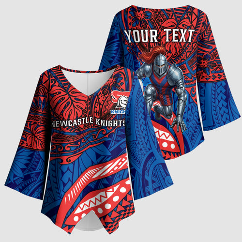 Personalised Newcastle Knights Kimono Sleeve Blouse Polynesian Tribal Art Style With Armored Knight Mascot