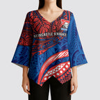 Personalised Newcastle Knights Kimono Sleeve Blouse Polynesian Tribal Art Style With Armored Knight Mascot