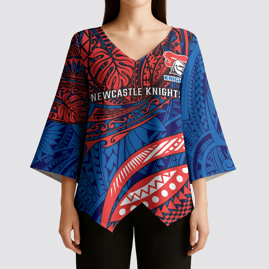 Personalised Newcastle Knights Kimono Sleeve Blouse Polynesian Tribal Art Style With Armored Knight Mascot