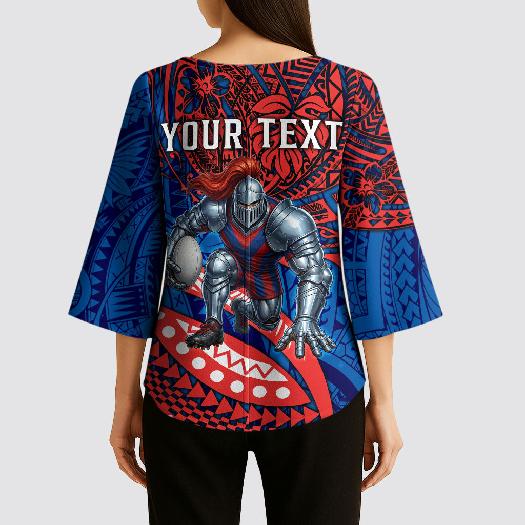 Personalised Newcastle Knights Kimono Sleeve Blouse Polynesian Tribal Art Style With Armored Knight Mascot