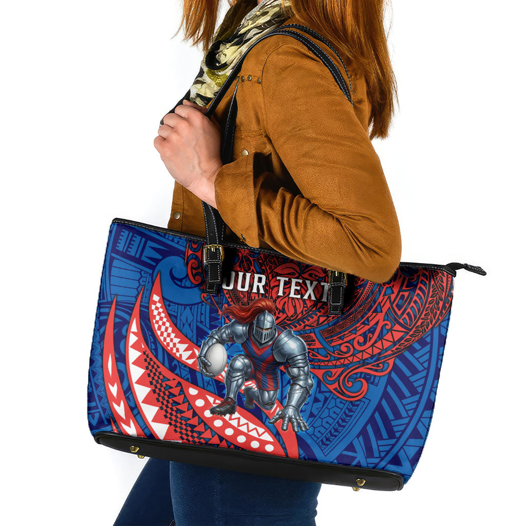 Personalised Newcastle Knights Leather Tote Bag Polynesian Tribal Art Style With Armored Knight Mascot