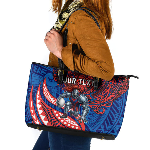 Personalised Newcastle Knights Leather Tote Bag Polynesian Tribal Art Style With Armored Knight Mascot