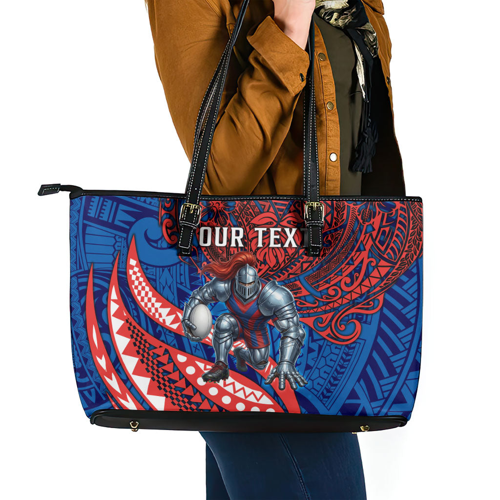 Personalised Newcastle Knights Leather Tote Bag Polynesian Tribal Art Style With Armored Knight Mascot