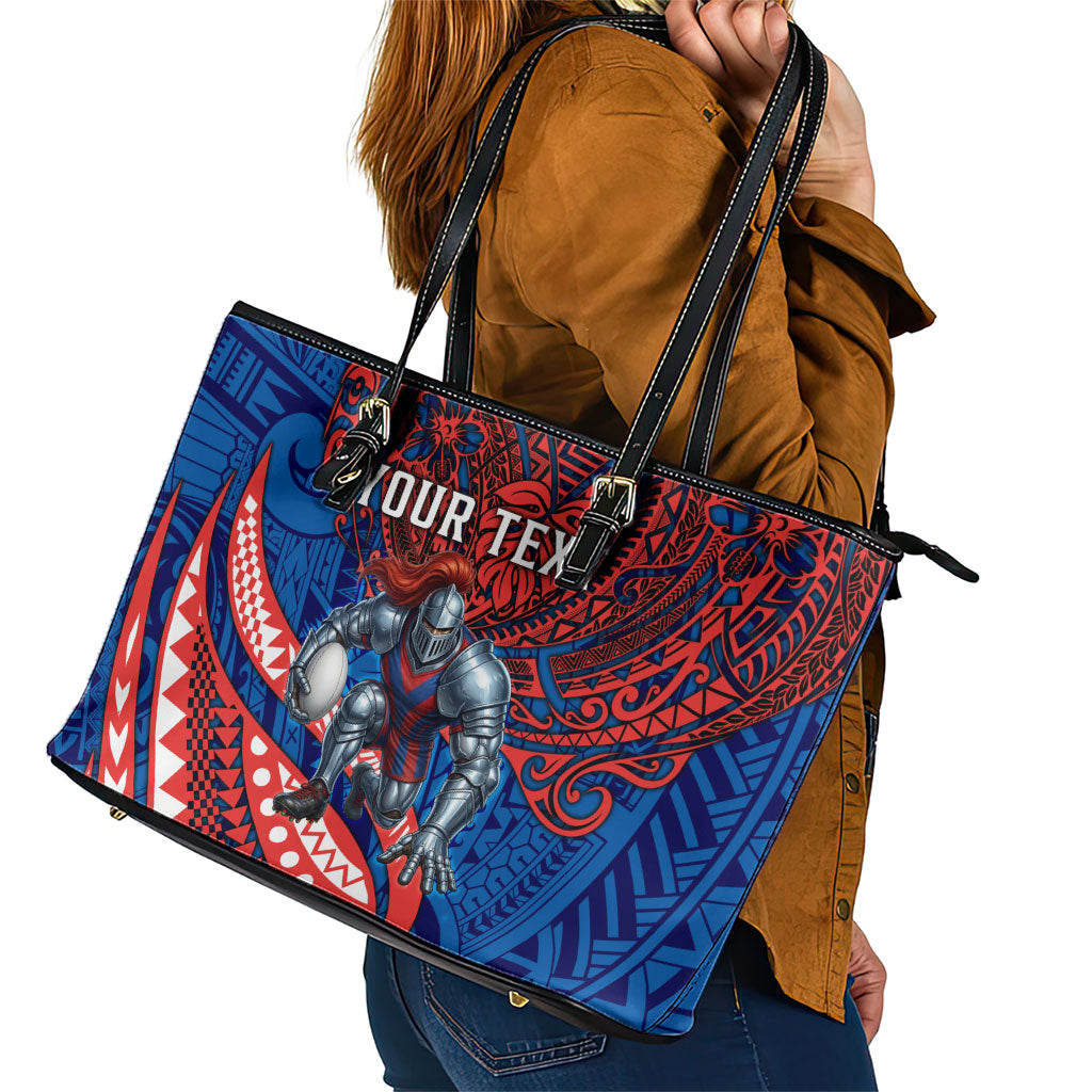 Personalised Newcastle Knights Leather Tote Bag Polynesian Tribal Art Style With Armored Knight Mascot