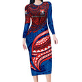 Personalised Newcastle Knights Long Sleeve Bodycon Dress Polynesian Tribal Art Style With Armored Knight Mascot