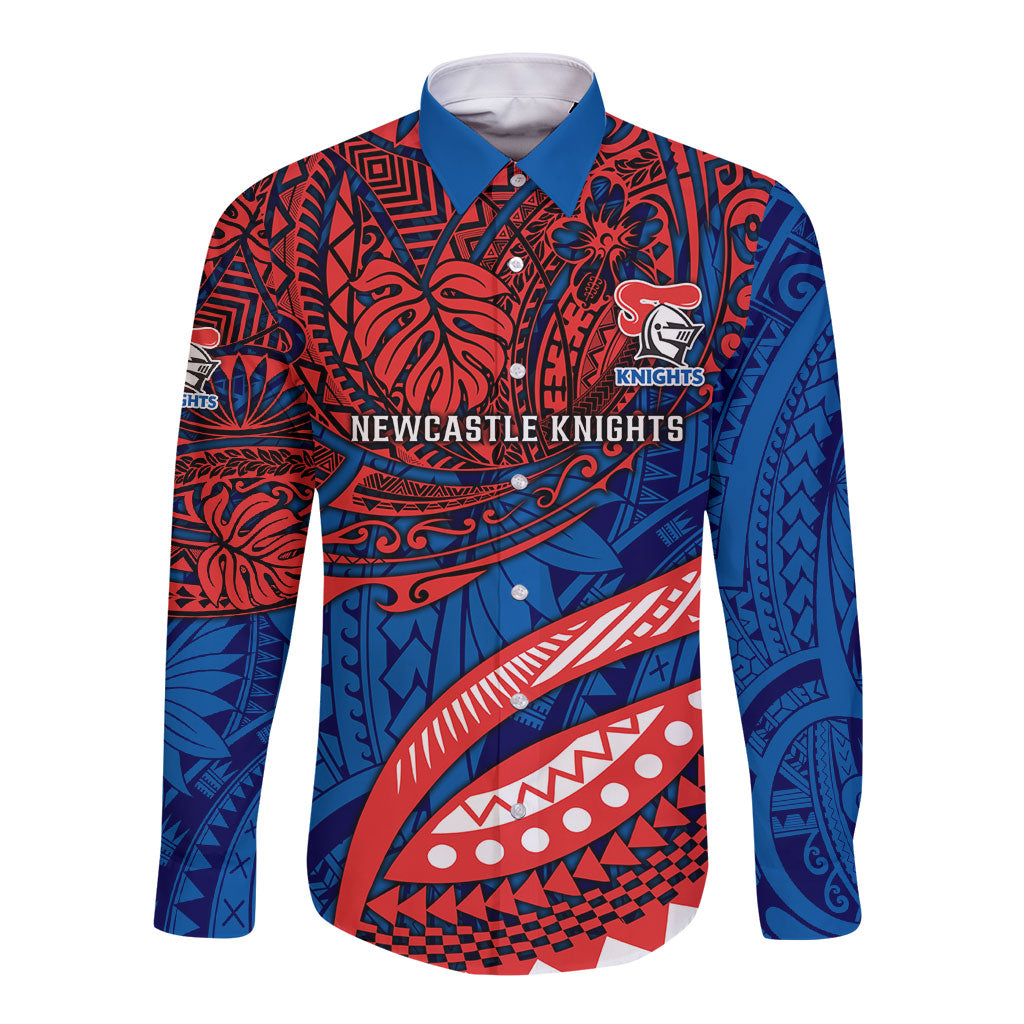 Personalised Newcastle Knights Long Sleeve Button Shirt Polynesian Tribal Art Style With Armored Knight Mascot