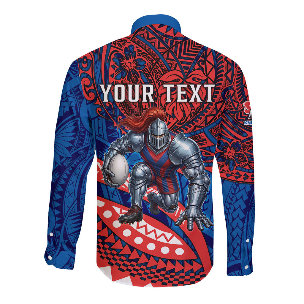 Personalised Newcastle Knights Long Sleeve Button Shirt Polynesian Tribal Art Style With Armored Knight Mascot