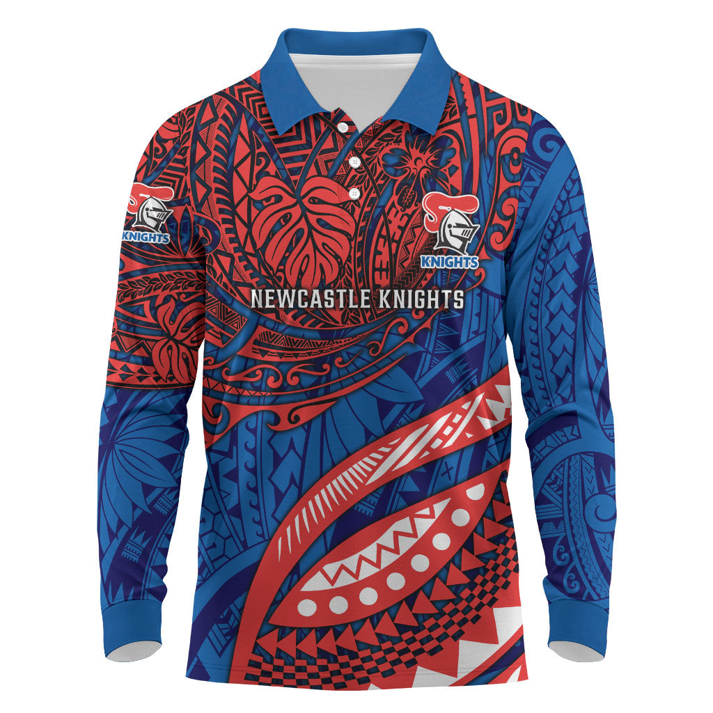 Personalised Newcastle Knights Long Sleeve Polo Shirt Polynesian Tribal Art Style With Armored Knight Mascot